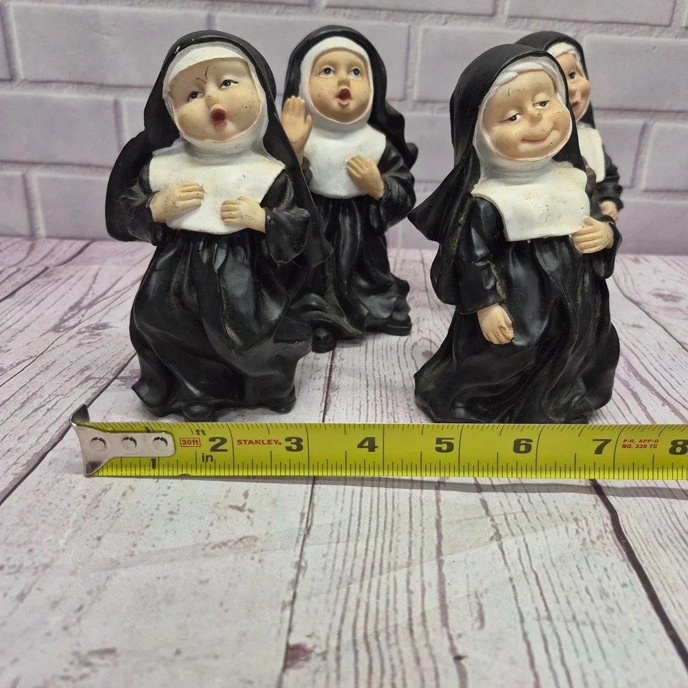 Vintage Set of 4 Singing Nun Figurines Black White Religious Sisters Decor 5in